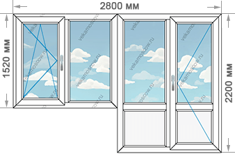 Две балконные двери с двустворчатым окном размером 2800x2200