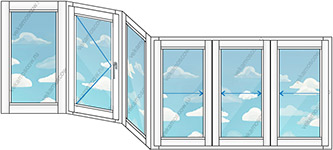 Остекление четырьмя окнами ПВХ и шестью створками (Тип 25) размером 3720x1450